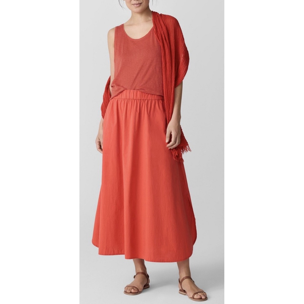 NWT Eileen Fisher L Tamarillo Organic Cotton Poplin Midi A-Line Skirt Pockets